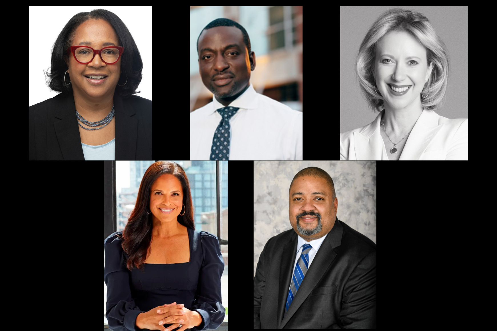 Headshots of Christina Swarn, Yusef Salaam,Soledad O’Brien, Lucy Lang, and Alvin Bragg
